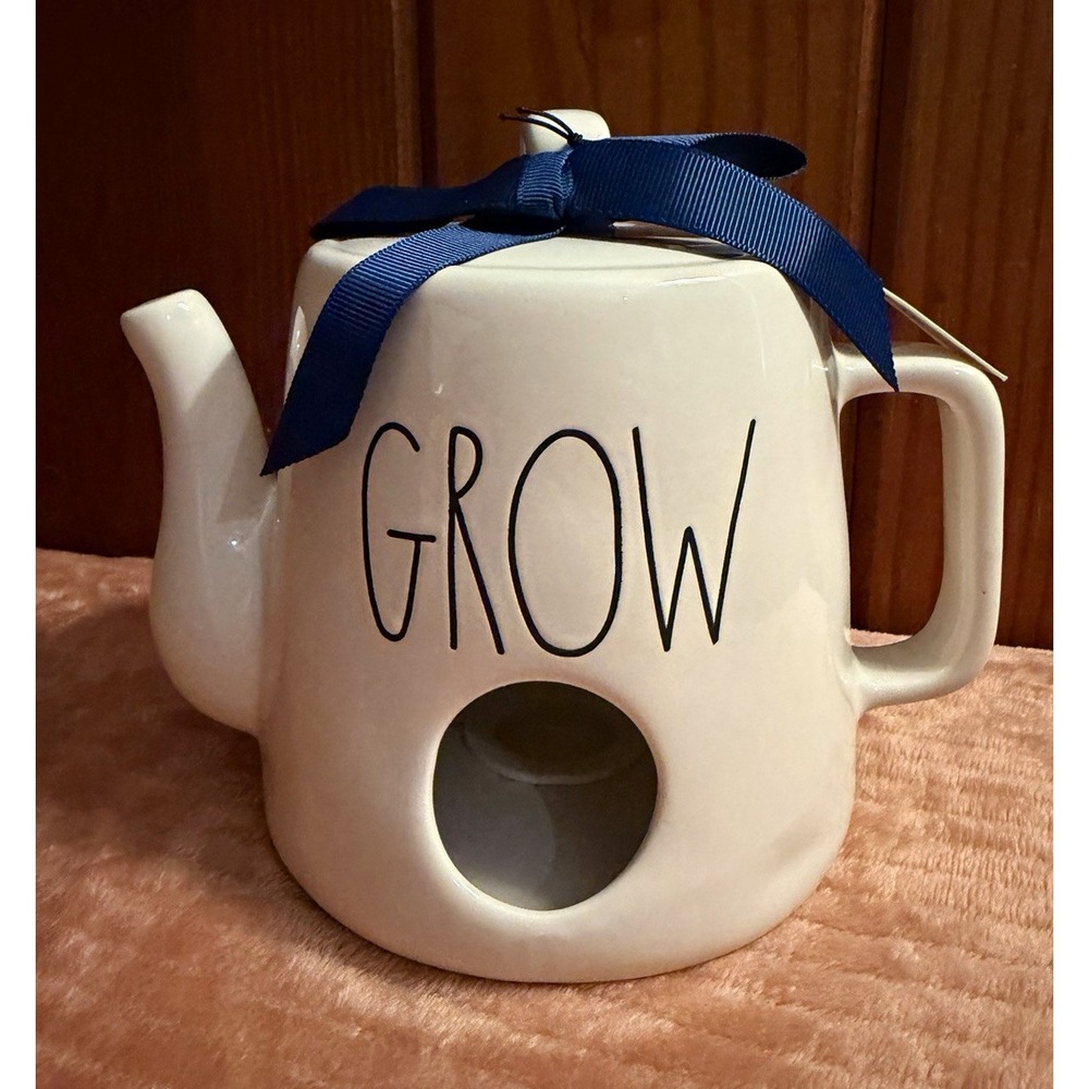 Rae Dunn Artisan Collection GROW Teapot Birdhouse, White Ceramic Blue Ribbon NWT